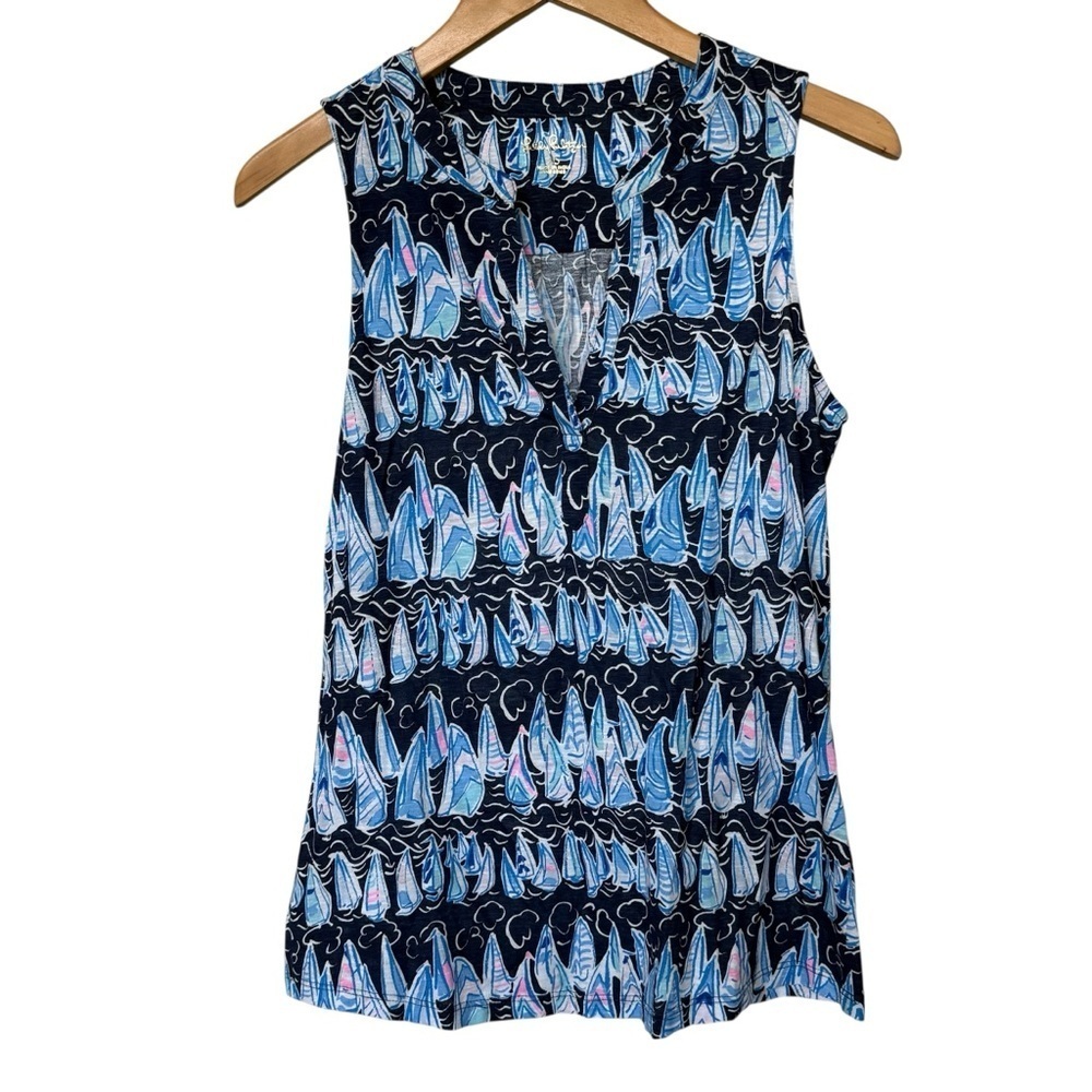 Lilly Pulitzer Women's Tank Top XS Low Tide Navy Blue Sailboats Nautical Casual
